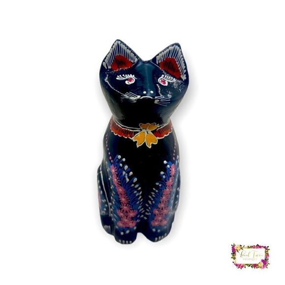 Vintage Lacquer Black Cat Figurine Hand Painted - Picture 1 of 12